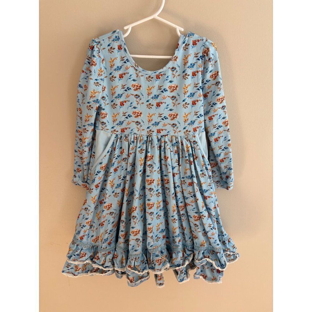 Makena Lane Laila Twirl Girls Baby Blue Floral Long Sleeve Dress Size 7 - Picture 2 of 11